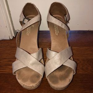 Toms White Shimmer Strappy Wedges
